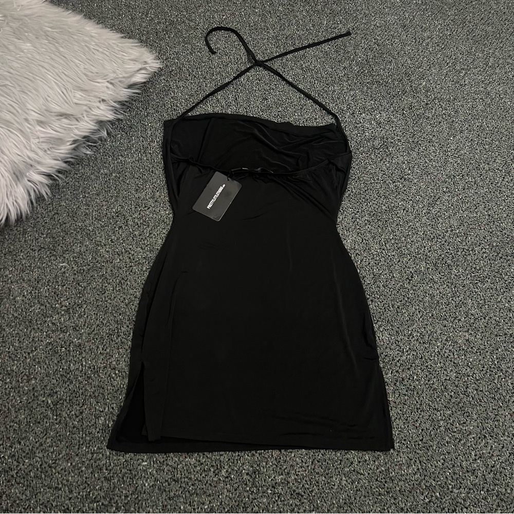 PRETTYLITTLETHING Black Slinky Halter-neck Cowl Neck Bodycon Mini Dress size 8 - Picture 15 of 16